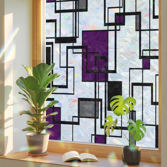 Window Privacy Film Purple Modern Geometric Stained Glass Window Film Abstract Lines Squares Rainbow Static Window Clings for Glass Windows Home Bathroom Living Room Office Door Sticker 17.7"39.3"