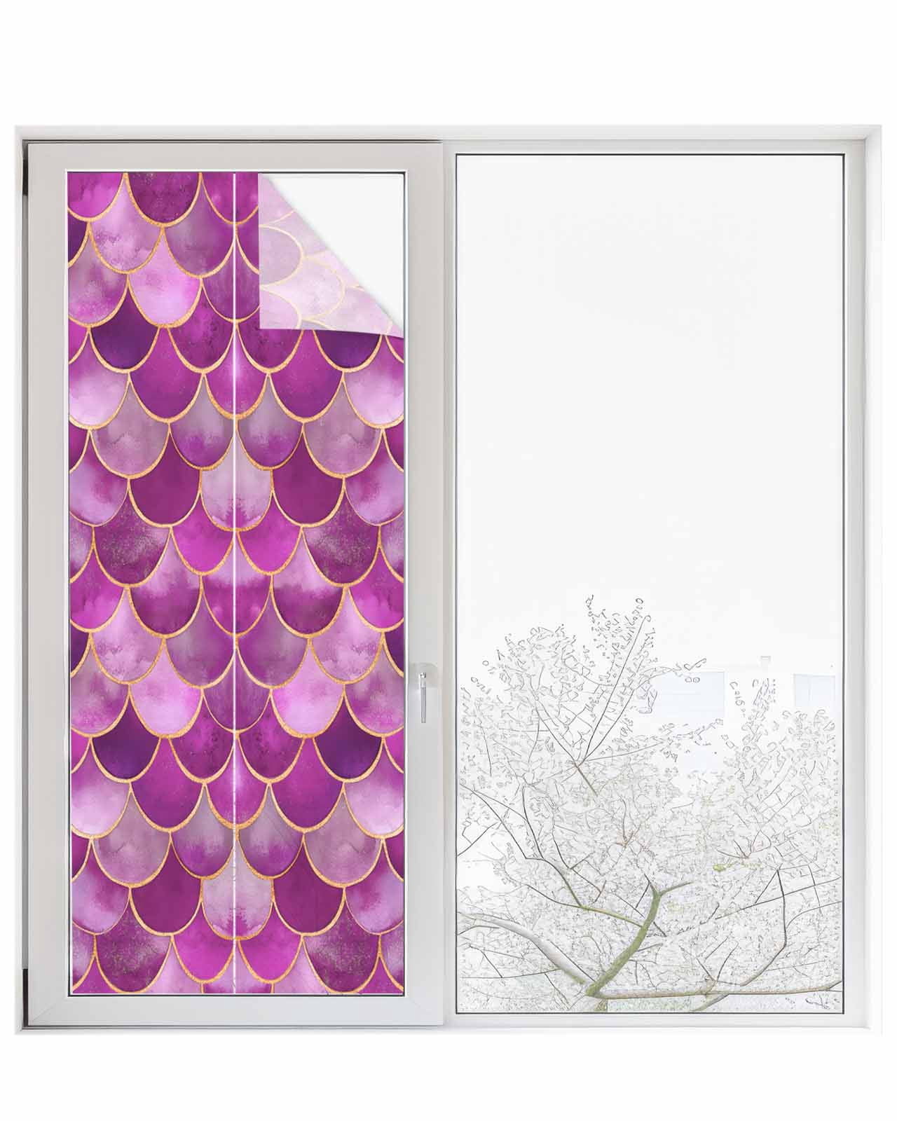 Window Privacy Film Purple Ombre Scale Stained Glass Window Film Decorative Sun Block Window Cover Abstract Art Ocean Coastal Window Clings Static Adhesive Sticker for Bathroom 29.5"x78.7"