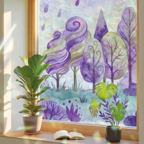 Window Privacy Film Purple Could Rain Drop Stained Glass Window Film Forest Tree Mountain Rainbow Static Window Clings for Glass Windows Home Bathroom Living Room Office Glass Door Sticker 23.6"x59"
