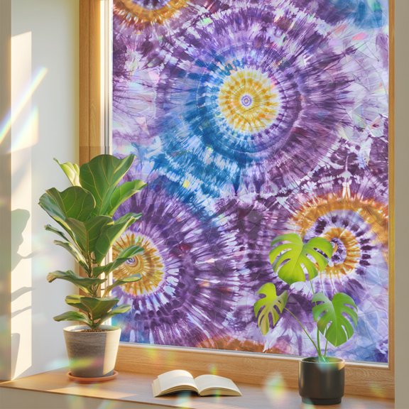 Window Privacy Film Purple Tie-Dye Art Stained Glass Window Film Abstract Boho Dyeing Rainbow Static Window Clings for Glass Windows Home Bathroom Living Room Office Glass Door Sticker 17.7"39.3"