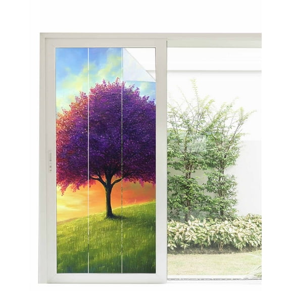 Window Privacy Film Purple Tree Stained Glass Window Film Decorative Sun Block Window Cover Orange Blue Sky Gradient Landscape Window Clings Static Adhesive Sticker for Bathroom 35.4"x78.7"