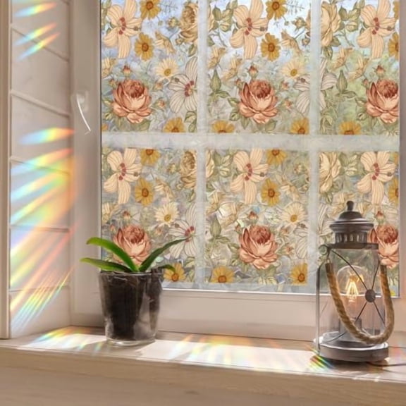 Window Privacy Film Rainbow Boho Flowers Window Clings 3D Decorative Vinyl Stained Glass Vintage Floral Decals Static Sticker Non-Adhesive, 17 x 40 inches