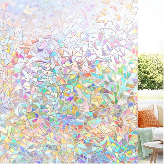 Fancy-Fix Window Privacy Film, Rainbow Window Film, 3D Decorative Stained Glass Cling, Non-Adhesive Vinyl Static Cling Removable Glass Stickers, Sun UV Blocking Decal Covering for Home