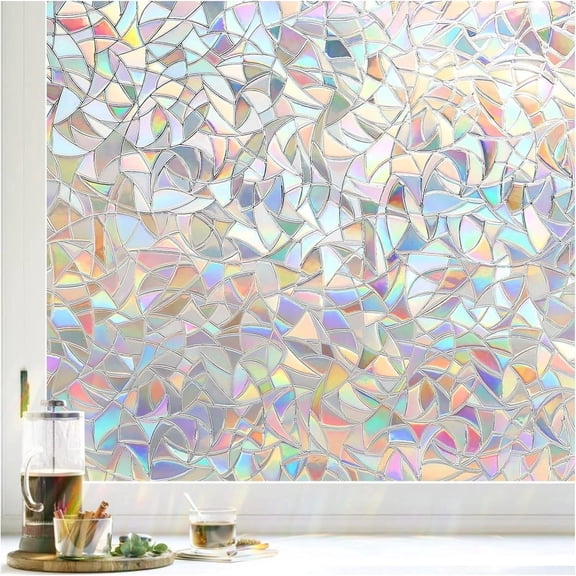 Fancy-Fix Window Privacy Film, Rainbow Window Film, 3D Decorative Stained Glass Cling, Non-Adhesive Vinyl Static Cling Removable Glass Stickers, Sun UV Blocking Decal Covering for Home