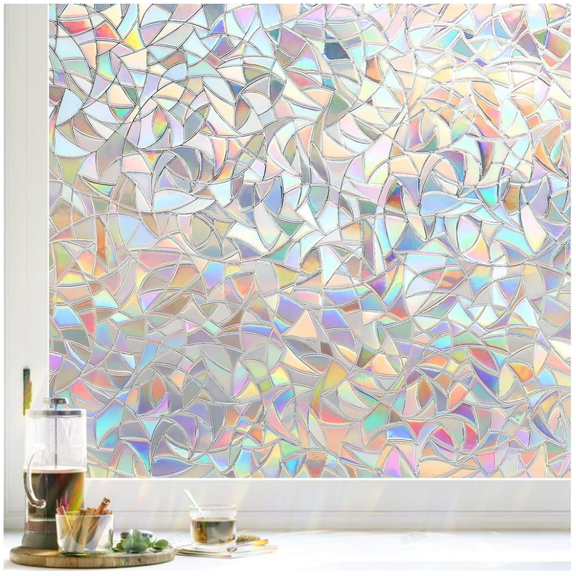 Privacy Window Film, 2 Rolls 23.6x39.4 Inch Rainbow Crescent Moon Stained Glass Effect, Static Cling Decorative Window Film for Bathroom Office Shower Glass Door