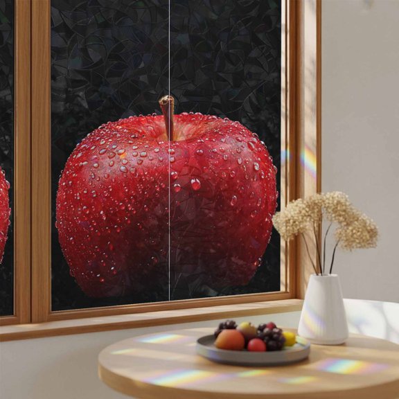 Window Privacy Film Red Apples on Black Stained Glass Static Cling 24x59inch, Farm Fruit Water Drops Rainbow Window Film Glass Sticker for Bathroom Bedroom Home