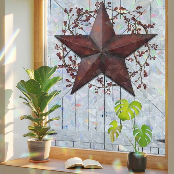 Window Privacy Film Red Barn Star Berry Stained Glass Window Film Rustic Farmhouse Door Wall Rainbow Static Window Clings for Glass Windows Home Bathroom Living Room Office Door Sticker 17.7"39.3"