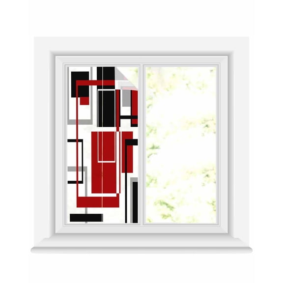 Window Privacy Film Red Black Geometric Stained Glass Window Film Decorative Sun Block Window Cover Contemporary Gray Abstract Stripes Window Clings Static Adhesive Sticker for Bathroom 17.7"x39.3"