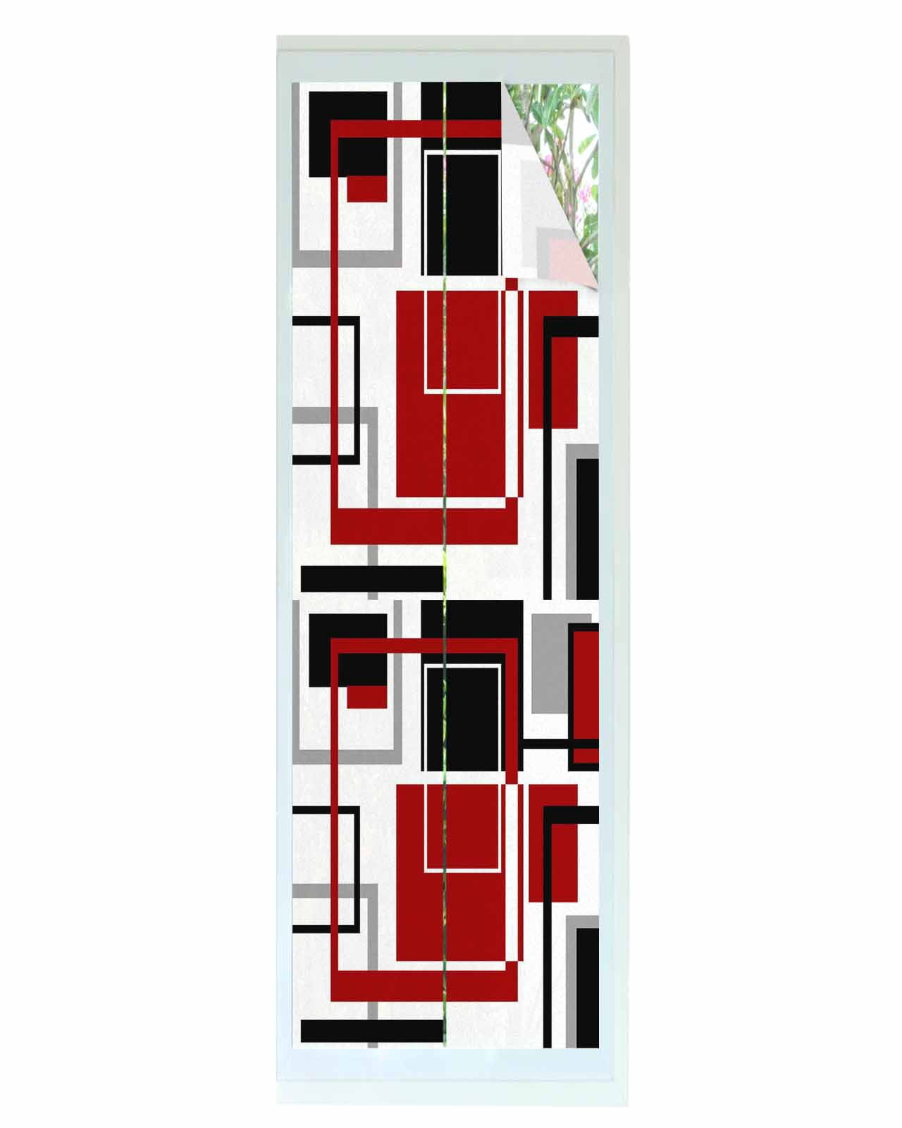 Window Privacy Film Red Black Geometric Stained Glass Window Film Decorative Sun Block Window Cover Contemporary Gray Abstract Stripes Window Clings Static Adhesive Sticker for Bathroom 17.7"x78.7"
