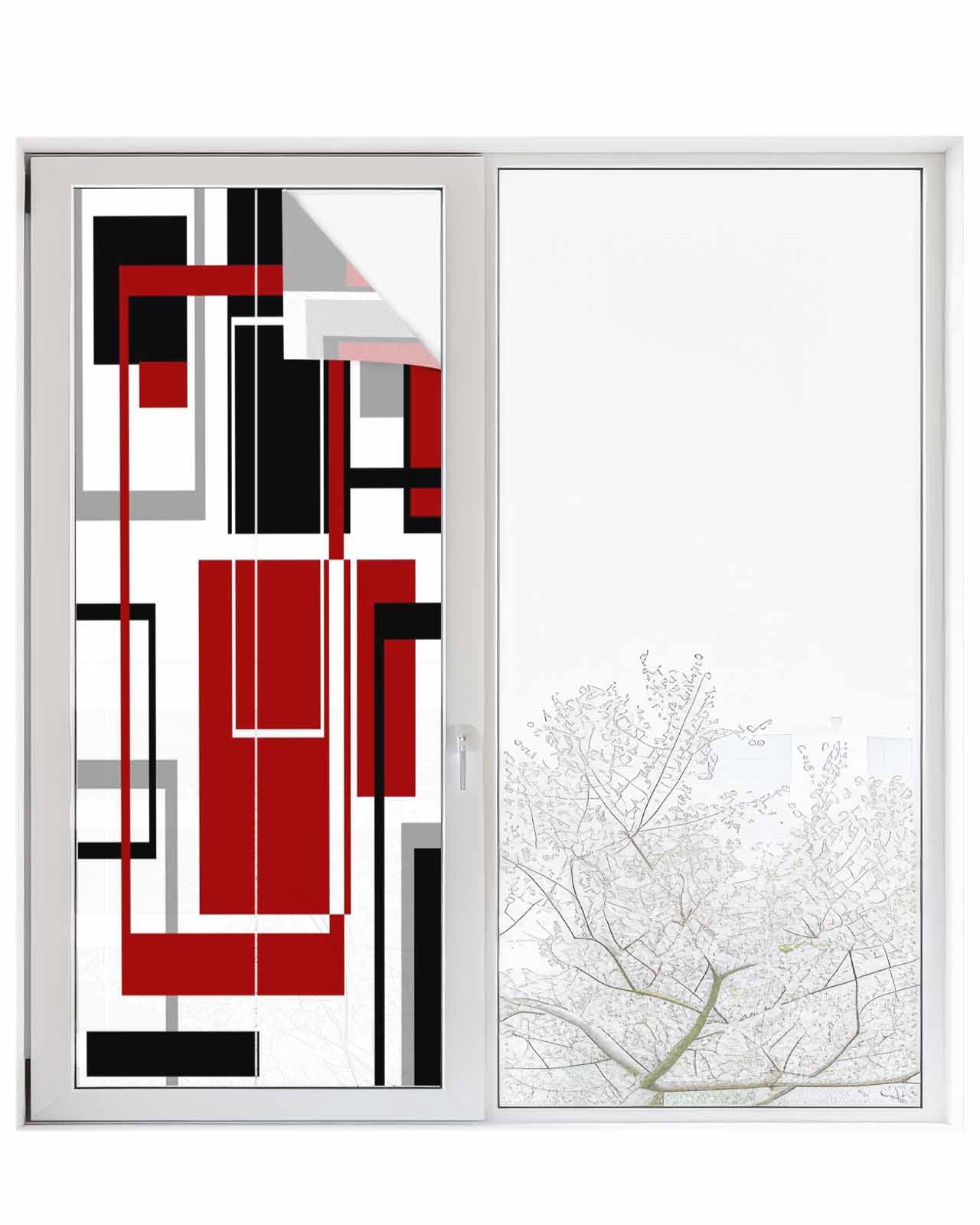 Window Privacy Film Red Black Geometric Stained Glass Window Film Decorative Sun Block Window Cover Contemporary Gray Abstract Stripes Window Clings Static Adhesive Sticker for Bathroom 23.6"x59"