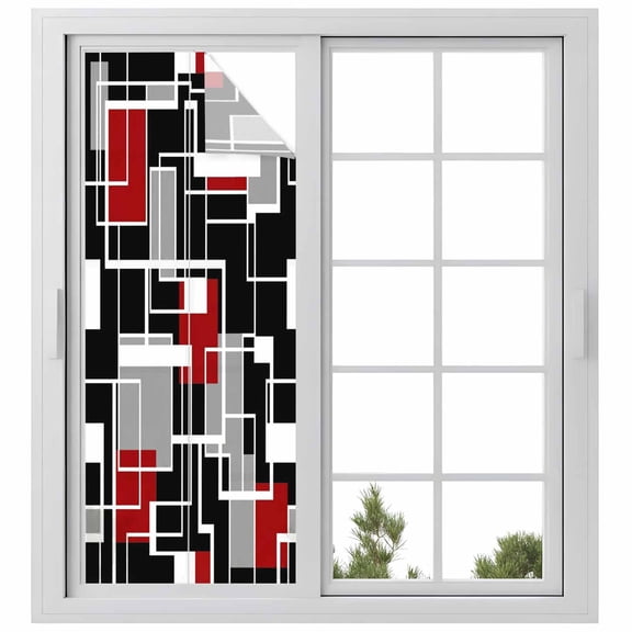 Window Privacy Film Red Black Geometric Stained Glass Window Film Decorative Sun Block Window Cover Modern Color Block Abstract Window Clings Static Adhesive Sticker for Bathroom 23.6"x59"