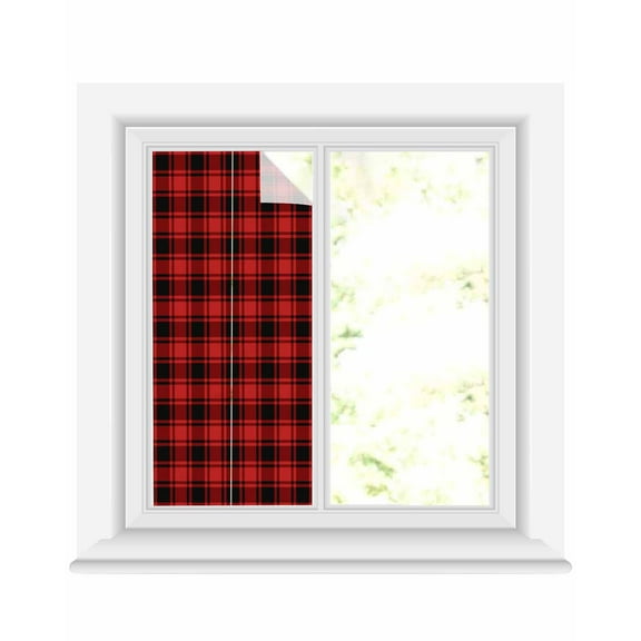 Window Privacy Film Red Black Plaid Stained Glass Window Film Decorative Sun Block Window Cover Vintage Farmhouse Abstract Buffalo Check Window Clings Static Adhesive Sticker for Bathroom 19.6"x39.3"
