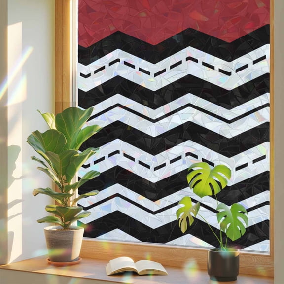 Window Privacy Film Red Black Waves Stained Glass Window Film Chevron Stripe Rainbow Static Window Clings for Glass Windows Home Bathroom Living Room Office Glass Door Sticker 17.7"39.3"