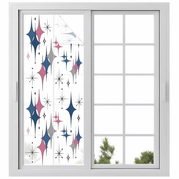 Window Privacy Film Red Blue Diamond Stained Glass Window Film Decorative Sun Block Window Cover Modern Geometric Middle Century White Window Clings Static Adhesive Sticker for Bathroom 23.6"x59"