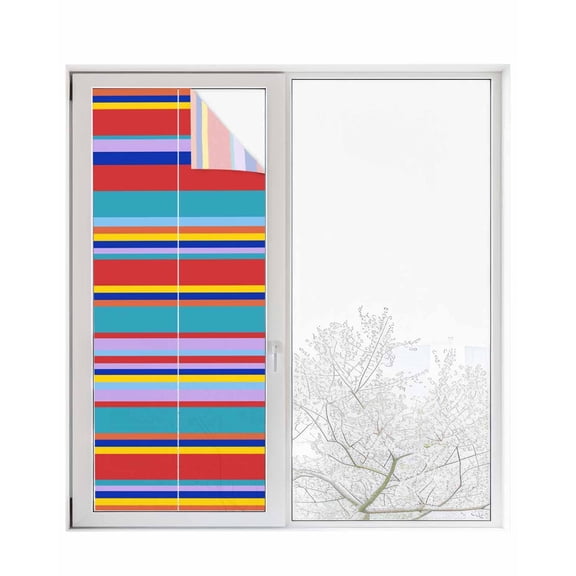 Window Privacy Film Red Blue Stripe Stained Glass Window Film Decorative Sun Block Window Cover Mexican Rainbow Colorful Geometric Window Clings Static Adhesive Sticker for Bathroom 23.6"x59"