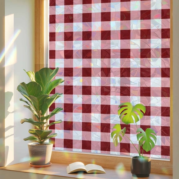 Window Privacy Film Red Check Buffalo Plaid Stained Glass Window Film Check Lines Rainbow Static Window Clings for Glass Windows Home Bathroom Living Room Office Glass Door Sticker 17.7"39.3"