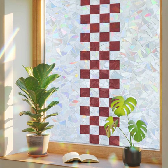 Window Privacy Film Red Check Plaid Stained Glass Window Film Buffalo Farmhouse Style Pattern Rainbow Static Window Clings for Glass Windows Home Bathroom Living Room Office Door Sticker 17.7"39.3"