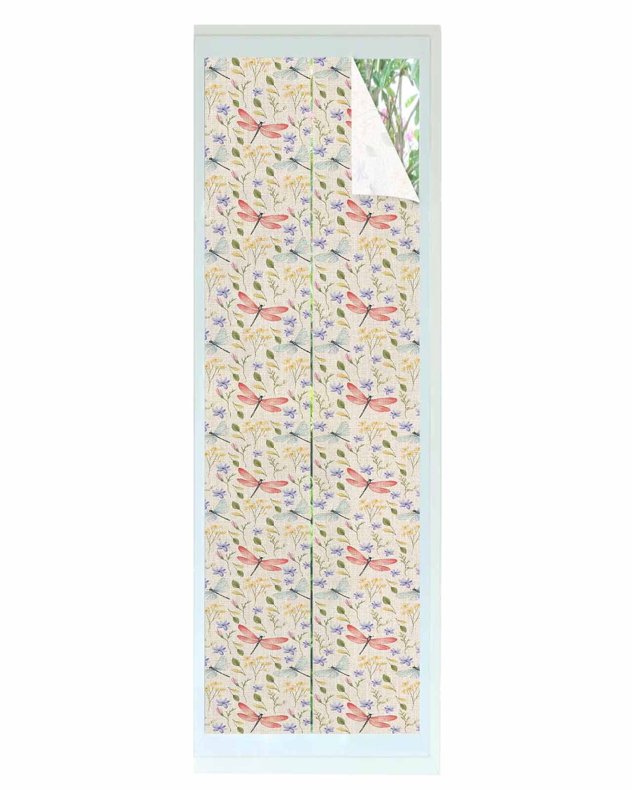 Window Privacy Film Red Dragonfly Stained Glass Window Film Decorative Sun Block Window Cover Spring Botanical Pastoral Flowers Window Clings Static Adhesive Sticker for Bathroom 17.7"x78.7"