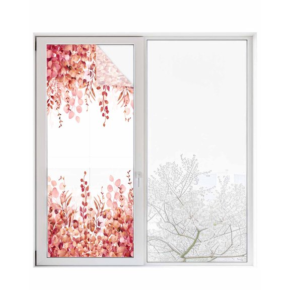 Window Privacy Film, Red Eucalyptus UV Sun Blocking Window Tint Film Heat Control One Way Blackout Window Film, Spring Summer Botanical Floral Leaves Country Non Adhesive Static Cling 23.6x59 In