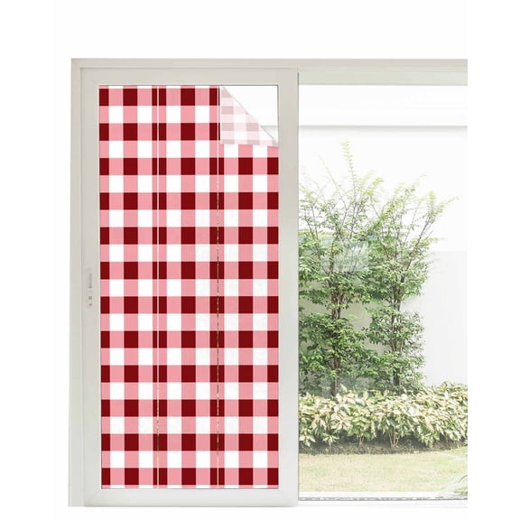 Window Privacy Film Red Farmhouse Stained Glass Window Film Decorative Sun Block Window Cover Gradient Buffalo Plaid Lattice Grid Window Clings Static Adhesive Sticker for Bathroom 35.4"x78.7"