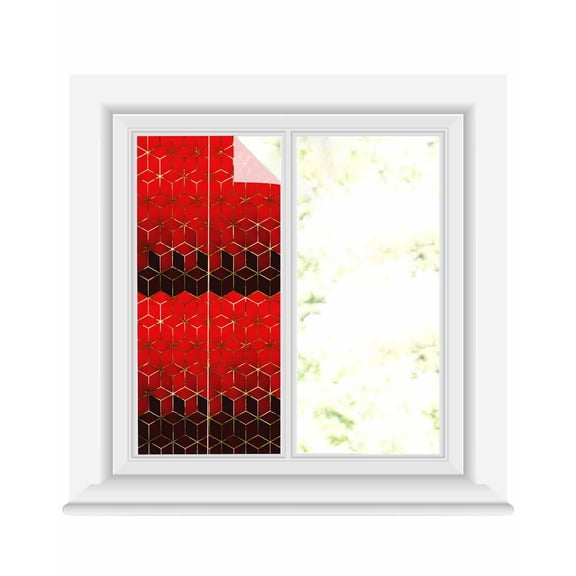 Window Privacy Film Red Geometric Stained Glass Window Film Decorative Sun Block Window Cover Gradient Black Gold Mottled Comb Grid Window Clings Static Adhesive Sticker for Bathroom 19.6"x39.3"