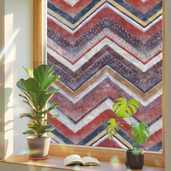 Window Privacy Film Red Grey Chevron Stained Glass Window Film Geometric Design Stripe Rainbow Static Window Clings for Glass Windows Home Bathroom Living Room Office Glass Door Sticker 17.7"39.3"