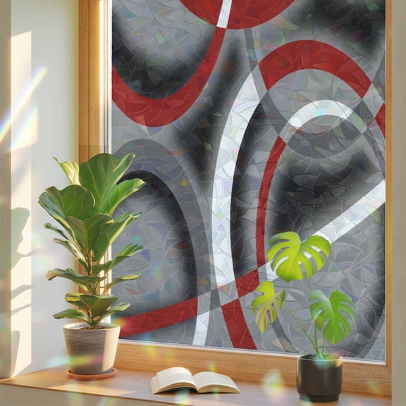 Window Privacy Film Red Grey Geometric Circle Stained Glass Window Film Modern Abstract Lines Rainbow Static Window Clings for Glass Windows Home Bathroom Living Room Office Door Sticker 17.7"39.3"