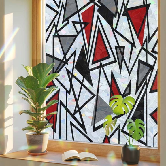 Window Privacy Film Red Grey Geometric Stained Glass Window Film Triangle Modern Art Rainbow Static Window Clings for Glass Windows Home Bathroom Living Room Office Glass Door Sticker 17.7"39.3"