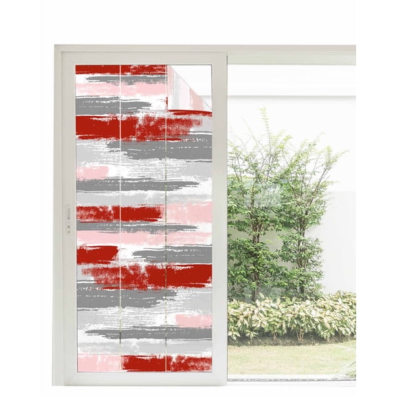 Window Privacy Film, Red Grey UV Sun Blocking Window Tint Film Heat Control One Way Blackout Window Film, Geometric Stripes Modern Oil Painting Non Adhesive Static Cling Window Sticker 35.4x78.7 In
