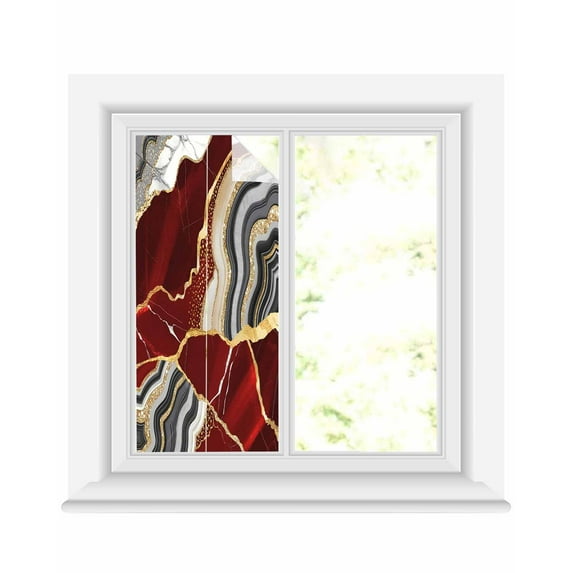 Window Privacy Film Red Marble Stained Glass Window Film Decorative Sun Block Window Cover Grey Gold Texture Vintage Farmhouse Art Window Clings Static Adhesive Sticker for Bathroom 19.6"x39.3"