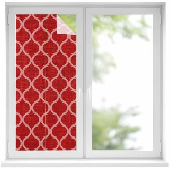 Window Privacy Film Red Moroccan Stained Glass Window Film Decorative Sun Block Window Cover Morocco Ethnic Abstract Quatrefoil Grid Window Clings Static Adhesive Sticker for Bathroom 17.7"x39.3"