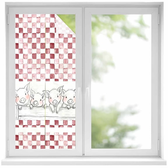 Window Privacy Film Red Plaid Farmhouse Stained Glass Window Film Decorative Sun Block Window Cover Watercolor Cute Country Pigs Checkered Window Clings Static Sticker for Bathroom 17.7"x39.3"