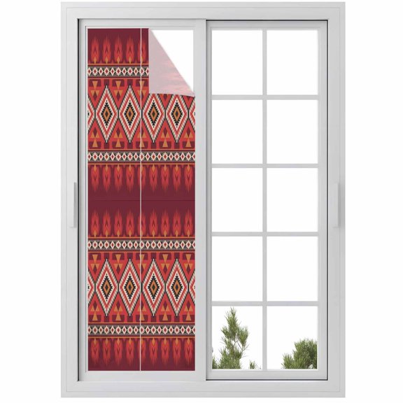 Window Privacy Film Red Retro Boho Stained Glass Window Film Decorative Sun Block Window Cover Vintage Ethnic Tribe Abstract Art Window Clings Static Adhesive Sticker for Bathroom 29.5"x118"