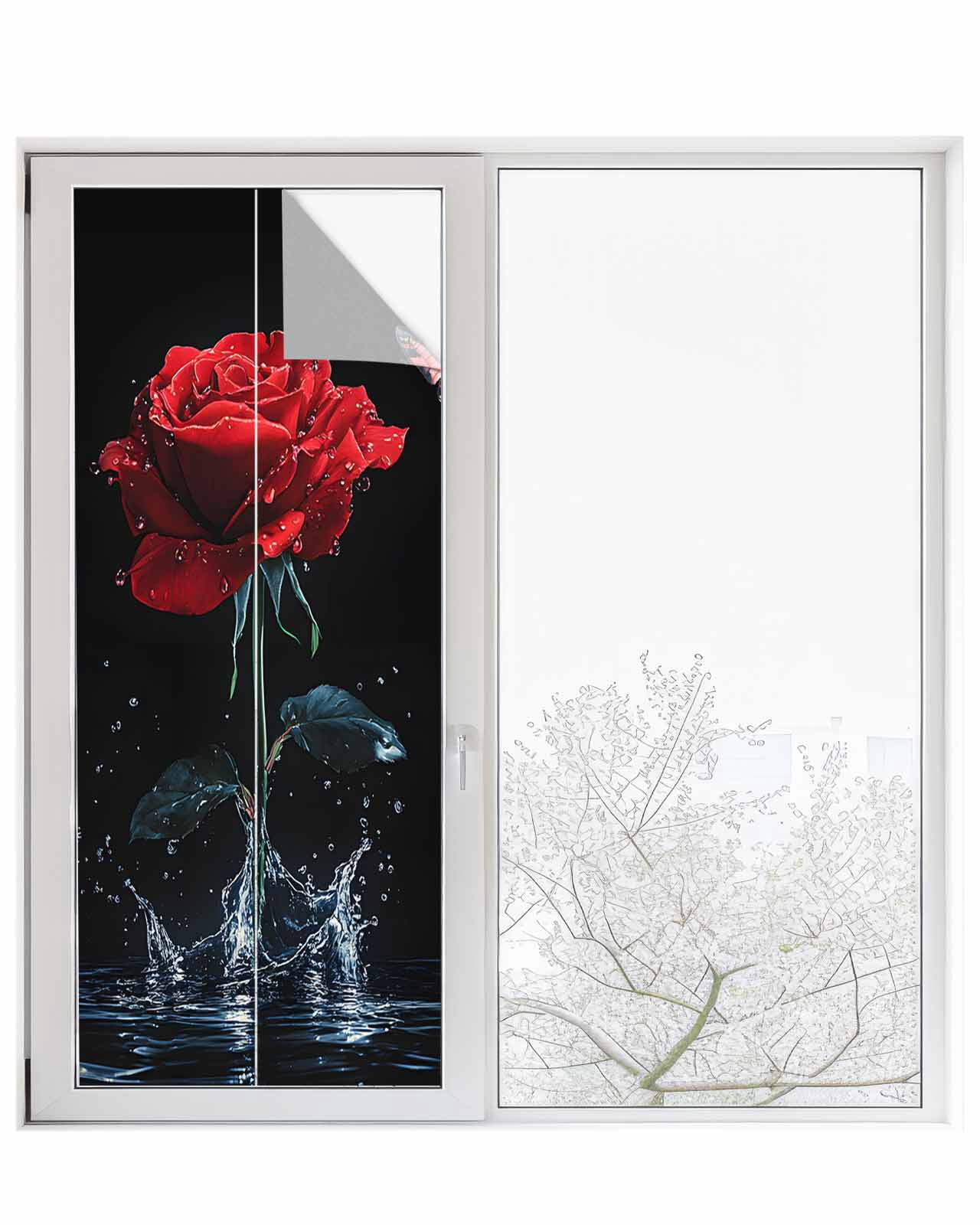 Window Privacy Film Red Roses Stained Glass Window Film Decorative Sun Block Window Cover Modern Art Splash Flowers Butterfly Window Clings Static Adhesive Sticker for Bathroom 23.6"x59"
