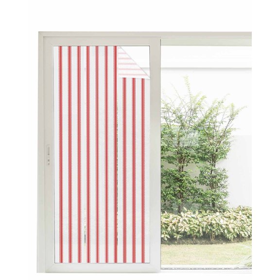 Window Privacy Film, Red Stripes UV Sun Blocking Window Tint Film Heat Control One Way Blackout Window Film, Geometric Vertical Linens Modern Minimalism Non Adhesive Static Cling Sticker 35.4x78.7 In