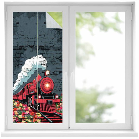 Window Privacy Film Red Trains Stained Glass Window Film Decorative Sun Block Window Cover Shabby Chic Cartoon Retro Flowers Artwork Window Clings Static Adhesive Sticker for Bathroom 19.6"x39.3"