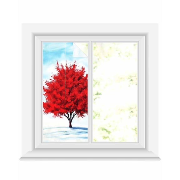 Window Privacy Film Red Tree Stained Glass Window Film Decorative Sun Block Window Cover Blue Sky Landscape Retro Watercolor Window Clings Static Adhesive Sticker for Bathroom 19.6"x39.3"