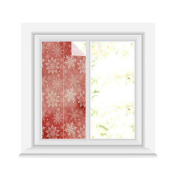 Window Privacy Film, Red White Christmas UV Sun Blocking Window Tint Film Heat Control One Way Blackout Window Film, Watercolor Xmas Snowflake Retro Simple Non Adhesive Static Cling 17.7x39.3 In