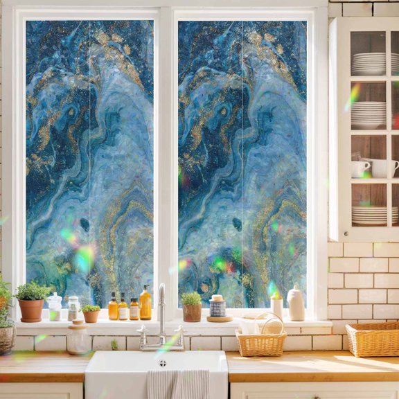 Window Privacy Film,Retro Abstract Blue Marble Stone Static Clings Decorative Rainbow Window Films Stickers Modern Liquid Texture Sun Blocking Glass Cover for Home Bathroom Office,17.7"x39.3"
