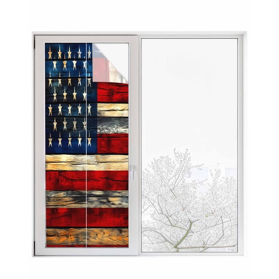 Window Privacy Film Retro American Flag Stained Glass Window Film Decorative Sun Block Window Cover Blue Red USA Flag Vintage Wood Window Clings Static Adhesive Sticker for Bathroom 23.6"x59"
