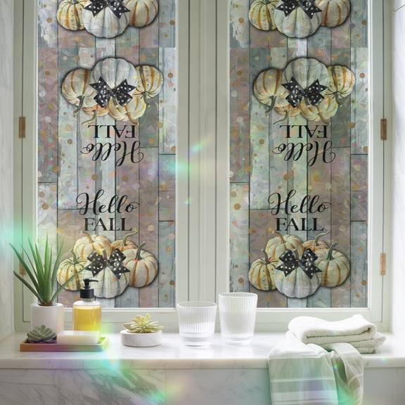 Window Privacy Film,Retro Autumn Bow Pumpkins Static Clings Decorative Rainbow Window Films Stickers Hello Fall Words on Wood Board Sun Blocking Glass Cover for Home Bathroom Office,17.7"x39.3"