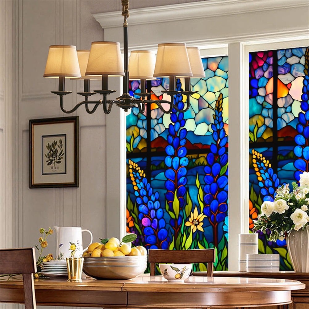 Window Privacy Film,Retro Floral Window Clings,Stained Glass Window Decals,Removable Uv Blocking