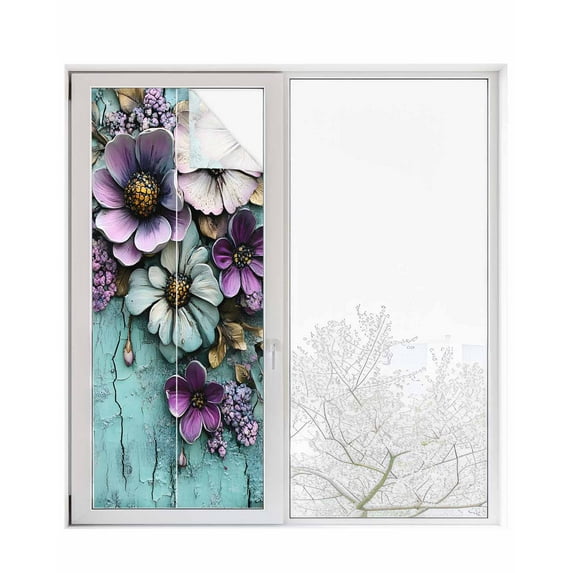 Window Privacy Film Retro Flower Stained Glass Window Film Decorative Sun Block Window Cover Blue Walls Mottled Vintage Country Farm Window Clings Static Adhesive Sticker for Bathroom 23.6"x59"