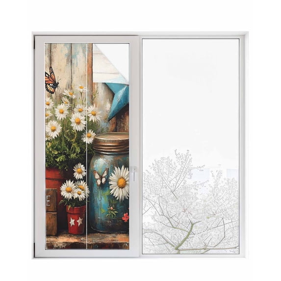 Window Privacy Film Retro Flower Stained Glass Window Film Decorative Sun Block Window Cover Red Blue West Texas Star Rustic Butterfly Window Clings Static Adhesive Sticker for Bathroom 29.5"x78.7"