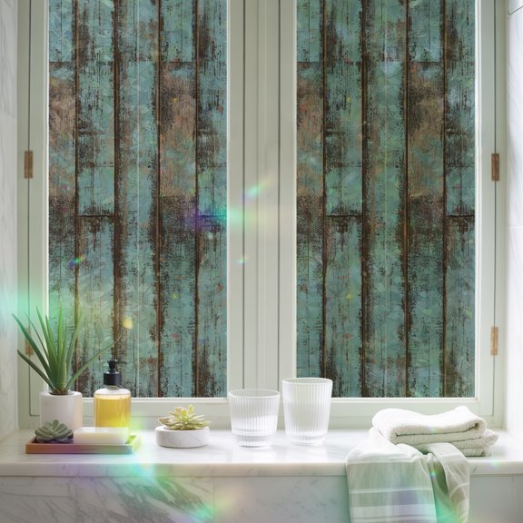 Window Privacy Film,Retro Gradient Teal Wood Grain Static Clings Decorative Rainbow Window Films Stickers Country Old Board Sun Blocking Glass Cover for Home Bathroom Office,17.7"x39.3"