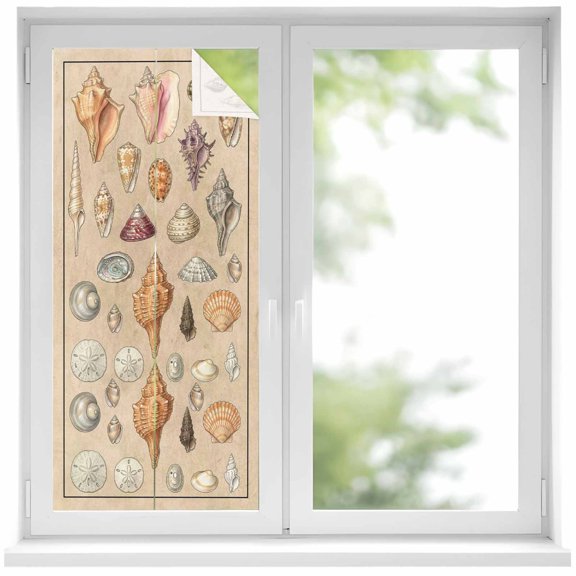 Window Privacy Film Retro Ocean Stained Glass Window Film Decorative Sun Block Window Cover Brown Coastal Shells Conch Underwater Window Clings Static Adhesive Sticker for Bathroom 19.6"x39.3"