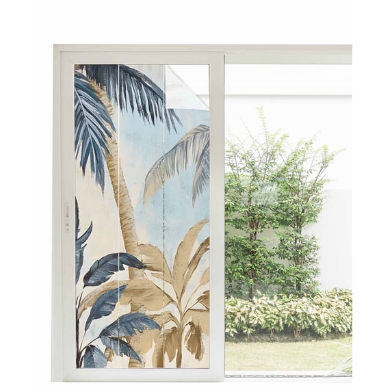 Window Privacy Film Retro Palm Trees Stained Glass Window Film Decorative Sun Block Window Cover Summer Botanical Vintage Watercolor Window Clings Static Adhesive Sticker for Bathroom 35.4"x78.7"