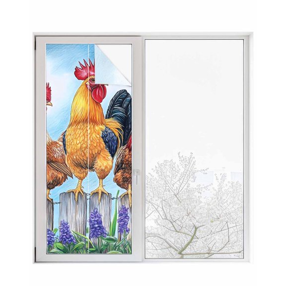 Window Privacy Film Retro Rooster Stained Glass Window Film Decorative Sun Block Window Cover Spring Floral Farmhouse Animals Watercolor Window Clings Static Adhesive Sticker for Bathroom 23.6"x59"