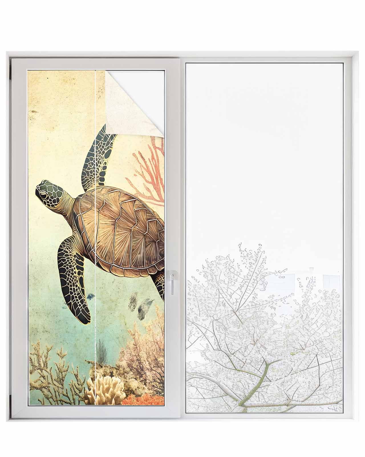 Window Privacy Film Retro Turtle Stained Glass Window Film Decorative Sun Block Window Cover Ocean Coral Reef Coastal Underwater Sea Window Clings Static Adhesive Sticker for Bathroom 23.6"x59"