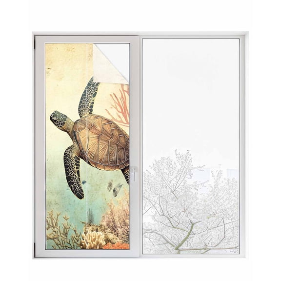 Window Privacy Film Retro Turtle Stained Glass Window Film Decorative Sun Block Window Cover Ocean Coral Reef Coastal Underwater Sea Window Clings Static Adhesive Sticker for Bathroom 23.6"x59"